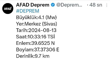 Sivas'ta 4.1 büyüklüğünde deprem