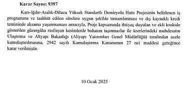 Kars-Iğdır-Nahçıvan Demiryolu projesinde acele kamulaştırma kararı
