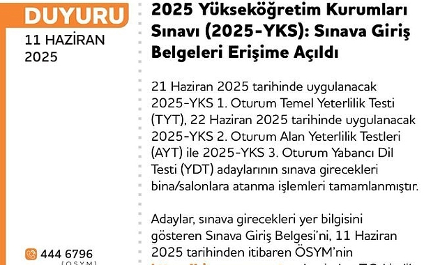 YKS giriş belgeleri erişime açıldı