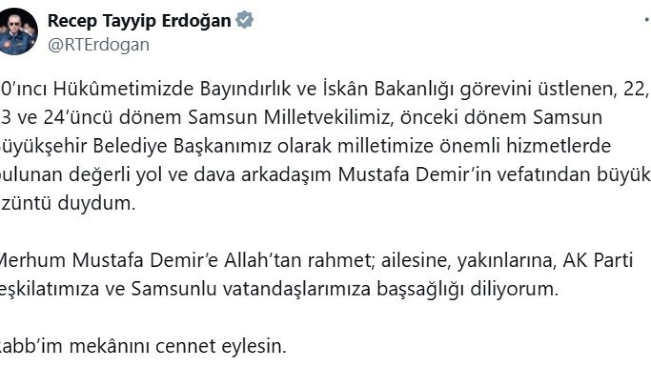Cumhurbaşkanı Erdoğan’dan Mustafa Demir için taziye mesajı