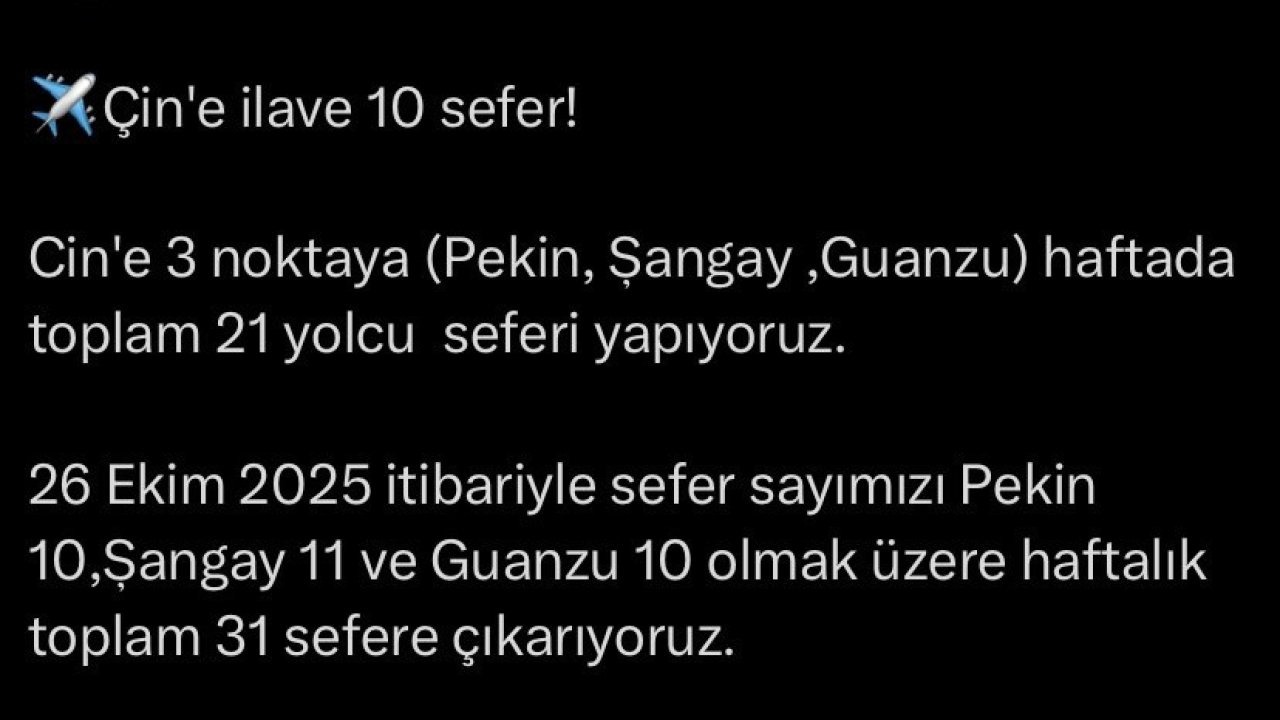 Türk Hava Yolları’ndan Çin’e 10 ek sefer
