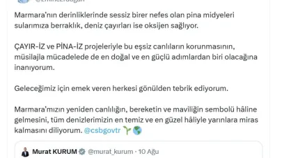 Emine Erdoğan’dan Marmara Denizi’nde başlatılan pina midyeleri ve deniz çayırları projesine ilişkin paylaşım: