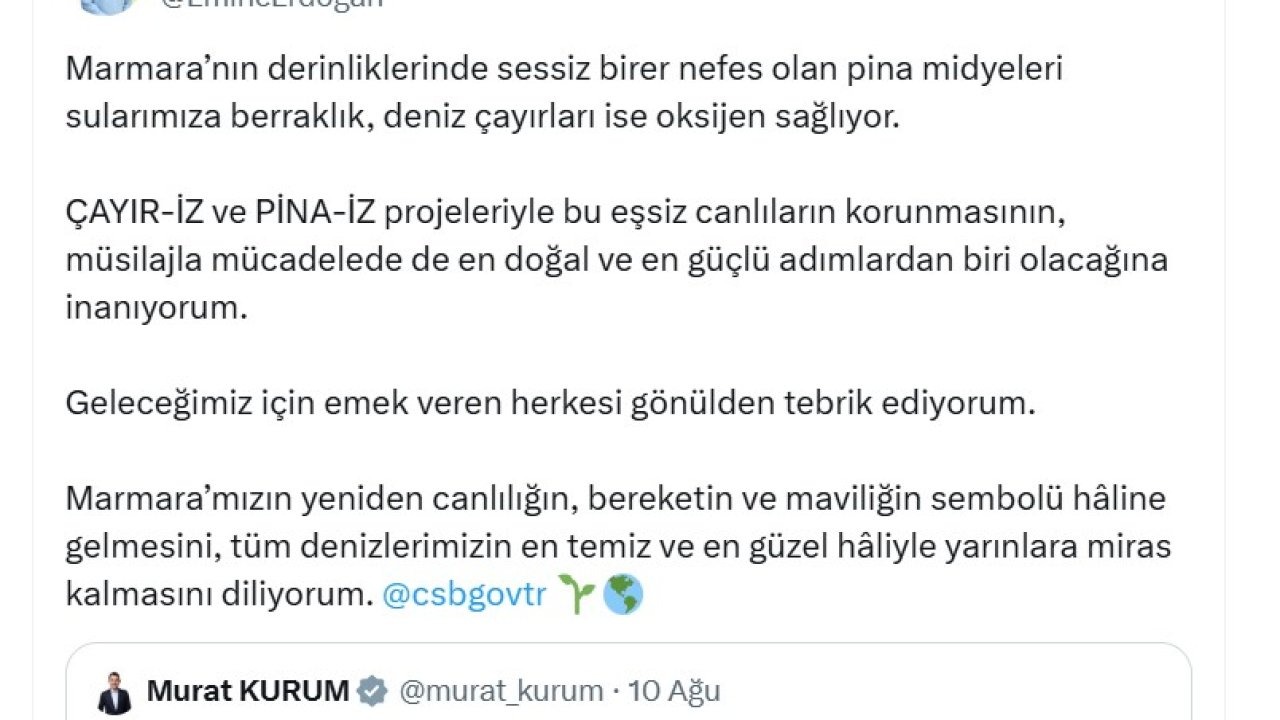 Emine Erdoğan’dan Marmara Denizi’nde başlatılan pina midyeleri ve deniz çayırları projesine ilişkin paylaşım: