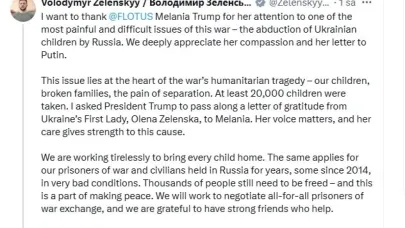 Ukrayna Devlet Başkanı Zelenskiy’den ABD First Lady’si Melania Trump’a teşekkür