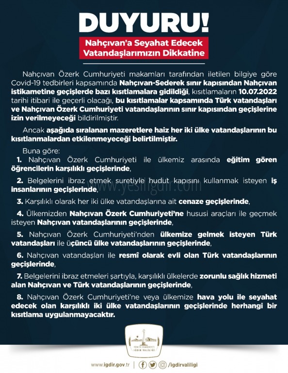 NAHÇIVAN ÖZERK CUMHURİYİRETİ SINIR KAPISIYLA ALAKALI AÇIKLAMA YAPTI