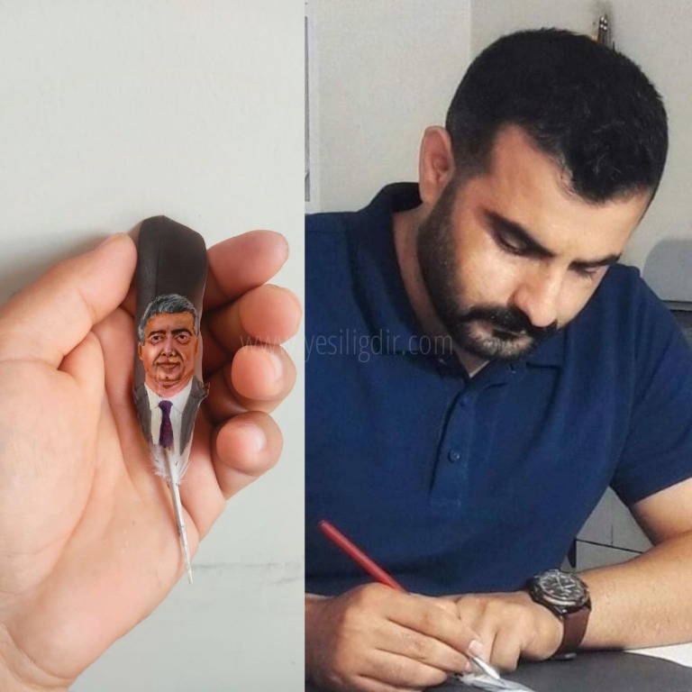 Iğdırlı ressam Murat Çeçen Cantürk Alagöz'ün portresini güvercin tüyüne çizdi