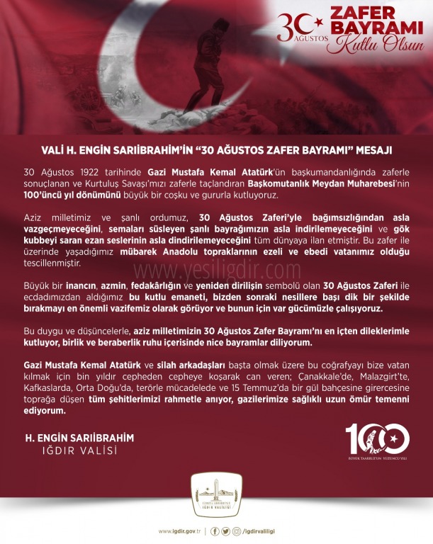 VALİ H ENGİN SARIİBRAHİM'DEN 30 AĞUSTOS ZAFER BAYRAMI MESAJI