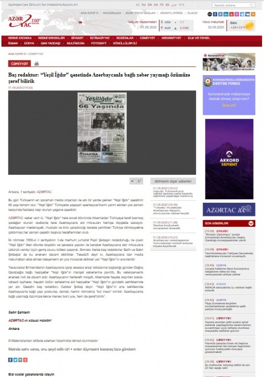 YEŞİL IĞDIR GAZETESİNİN 66 KURULUŞ YILDÖNÜMÜ AZERTACTA MANŞET OLDU