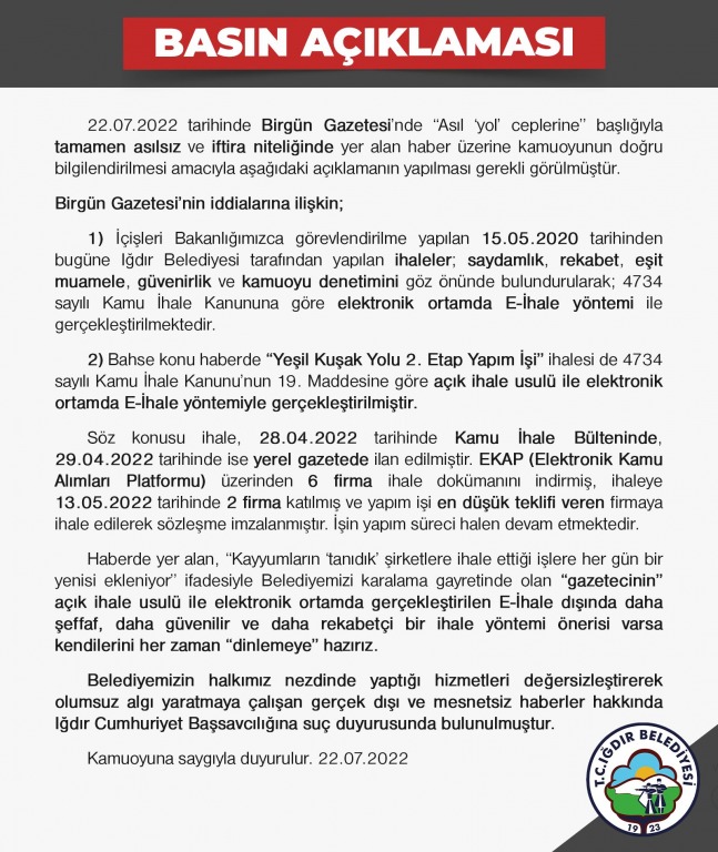 Iğdır Belediyesinden Basın Açıklaması
