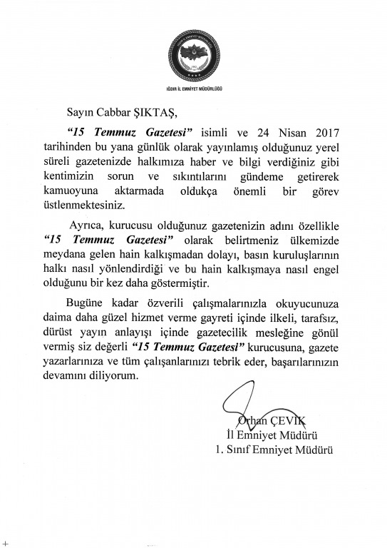 Iğdır Emniyet Müdürü Orhan Çevikten 15 Temmuz Gazetesine Teşekkür Mesajı